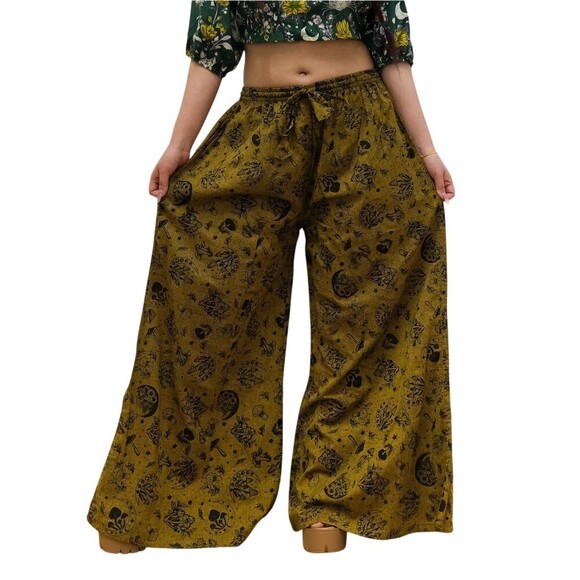 Karma Nepal Craft Pants - Y2k Hippie Women’s Wide-Leg Palazzo Pants 27” Boho Celestial Mushroom Gypsy